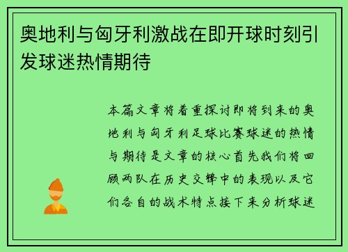 奥地利与匈牙利激战在即开球时刻引发球迷热情期待