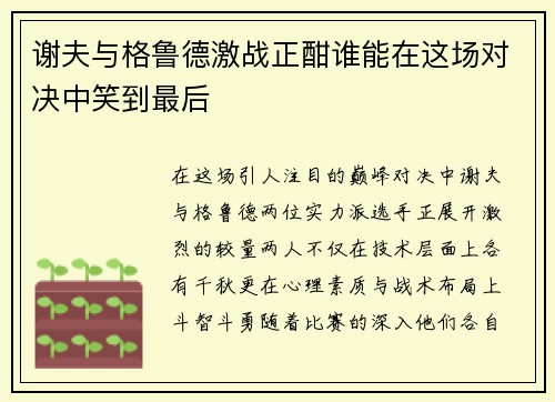谢夫与格鲁德激战正酣谁能在这场对决中笑到最后