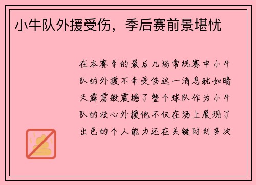 小牛队外援受伤，季后赛前景堪忧