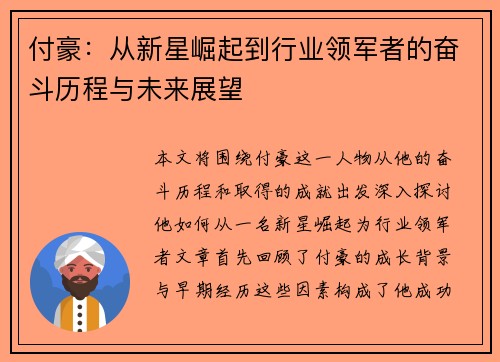 付豪：从新星崛起到行业领军者的奋斗历程与未来展望