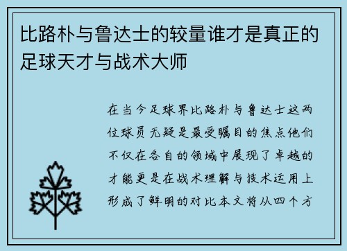 比路朴与鲁达士的较量谁才是真正的足球天才与战术大师