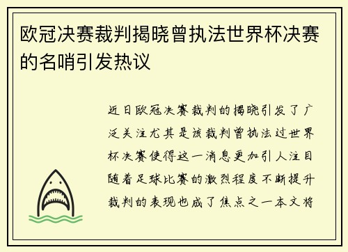 欧冠决赛裁判揭晓曾执法世界杯决赛的名哨引发热议