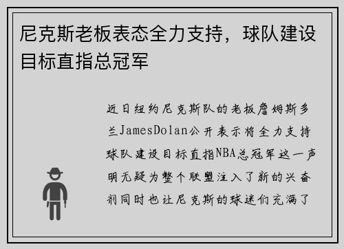 尼克斯老板表态全力支持，球队建设目标直指总冠军