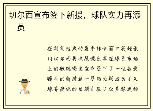 切尔西宣布签下新援，球队实力再添一员