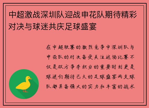 中超激战深圳队迎战申花队期待精彩对决与球迷共庆足球盛宴
