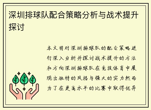 深圳排球队配合策略分析与战术提升探讨