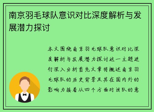 南京羽毛球队意识对比深度解析与发展潜力探讨