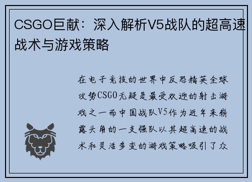 CSGO巨献：深入解析V5战队的超高速战术与游戏策略