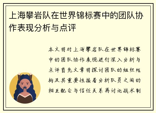 上海攀岩队在世界锦标赛中的团队协作表现分析与点评