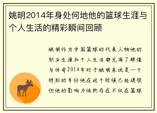 姚明2014年身处何地他的篮球生涯与个人生活的精彩瞬间回顾