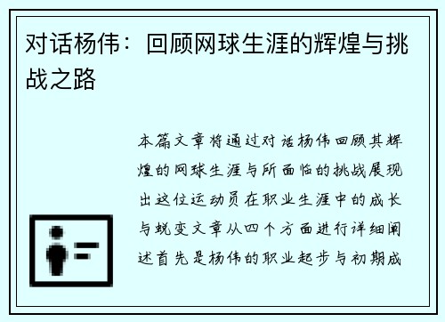 对话杨伟：回顾网球生涯的辉煌与挑战之路