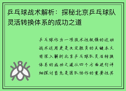 乒乓球战术解析：探秘北京乒乓球队灵活转换体系的成功之道