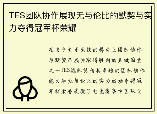 TES团队协作展现无与伦比的默契与实力夺得冠军杯荣耀