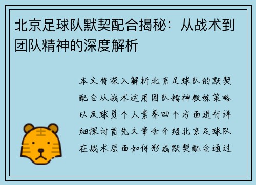北京足球队默契配合揭秘：从战术到团队精神的深度解析