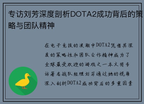 专访刘芳深度剖析DOTA2成功背后的策略与团队精神