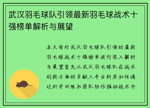 武汉羽毛球队引领最新羽毛球战术十强榜单解析与展望